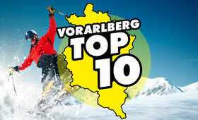 Eine Montage von Antenne Vorarlberg mit einem Skifahrer und dem Text Vorarlberg Top 10