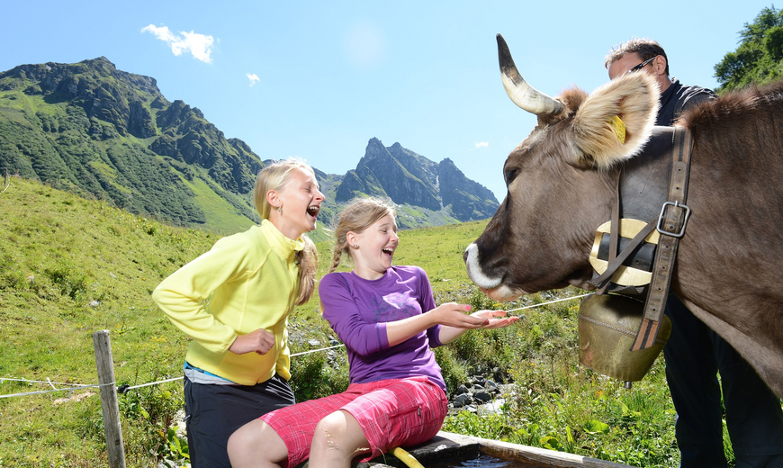 Zwei Mädchen stehen neben einer Kuh auf der Alpe Nova neben einem Wassertrog und lachen