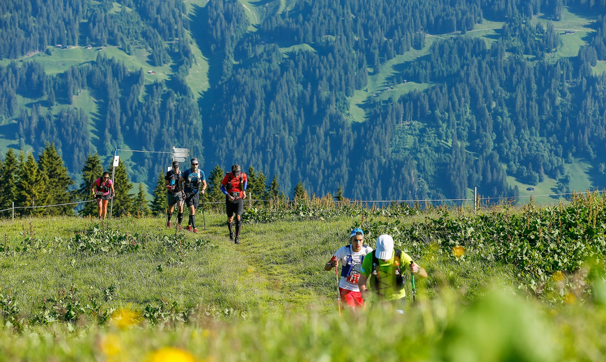 Eine Gruppe von Teilnehmern des Montafon Totale Trails rennen über eine Wiese auf der Strecke