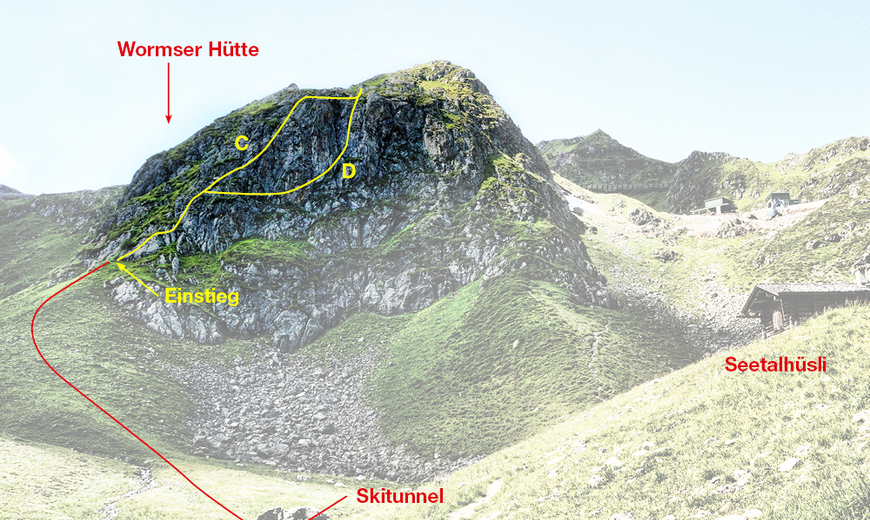 Eine grafische Darstellung der Wegmöglichkeiten des Klettersteigs Kälbersee