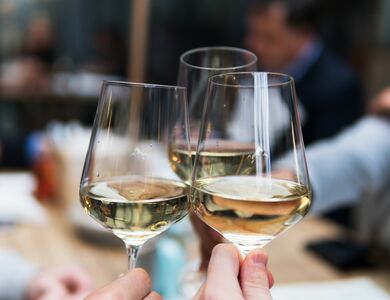 Drei Weingläser mit dem SIMO Logo gefüllt mit Weißwein stoßen an