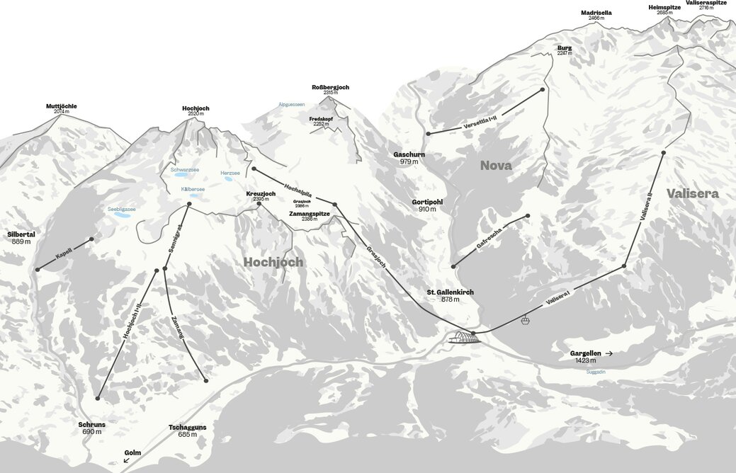 Karte - Silvretta Montafon | © Silvretta Montafon Schwarz/Weiß Karte Illustration der Silvretta Montafon | © Silvretta Montafon
