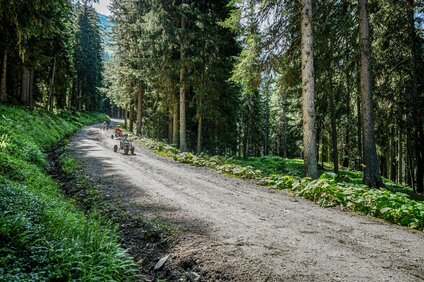 Eine Gruppe fährt mit den Gravity Carts eine Bergstrasse in der Silvretta Montafon hinunter. | © Silvretta Montafon - Vanessa Strauch