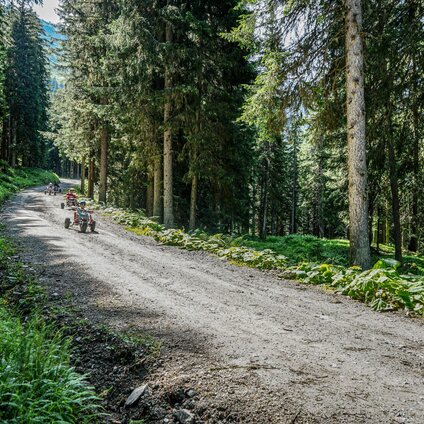 Eine Gruppe fährt mit den Gravity Carts eine Bergstrasse in der Silvretta Montafon hinunter. | © Silvretta Montafon - Vanessa Strauch