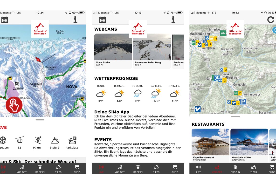 Einblick in die Verschiedenen Funktionen der Silvretta Montafon App  | © Silvretta Montafon 
