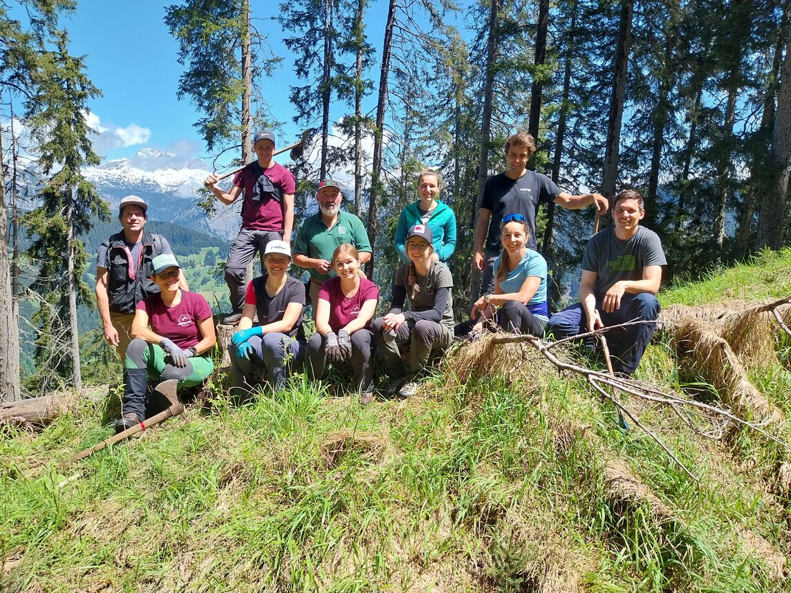 Gruppenfoto von Mitarbeiter:innen der Silvretta Montafon im Wald beim Bäume pflanzen | © Silvretta Montafon - Katharina Tagwerker