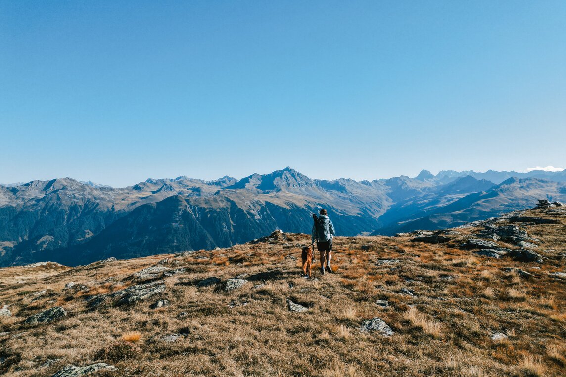 Mensch geht mit Hund in einer Berglandschaft in der Silvretta Montafon | © Silvretta Montafon - Vanessa Strauch
