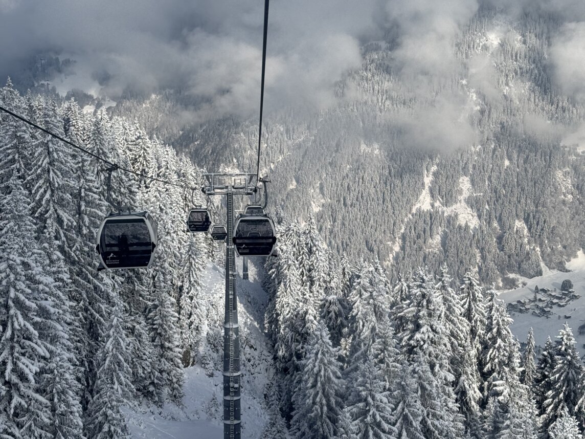 Verschneite Bäume und Gondeln einer Bergbahn. | © Silvretta Montafon - Vanessa Strauch
