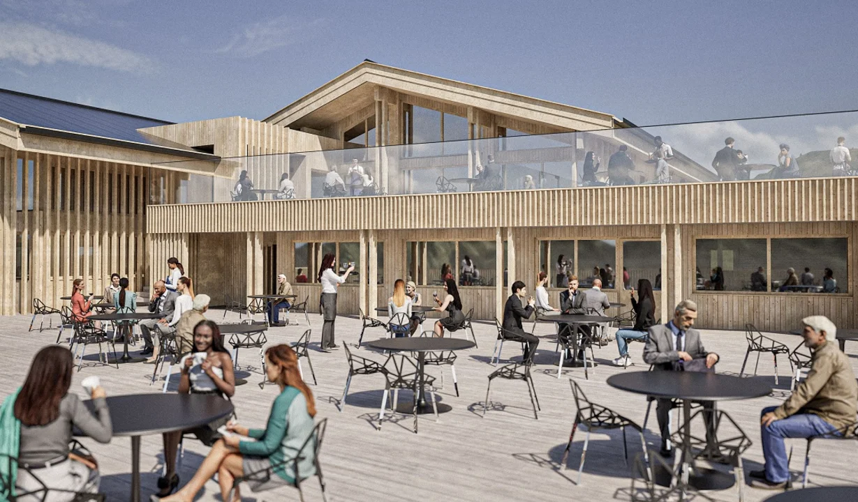 Kapellrestaurant 2.0 - Silvretta Montafon | © Silvretta Montafon - Alpstein Architekten Ein Rendering von der neuen Terrasse vom Kapellrestaurant in der Silvretta Montafon | © Silvretta Montafon - Alpstein Architekten
