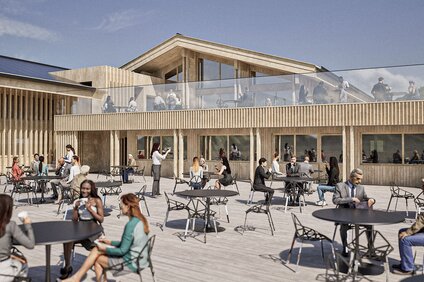 Ein Rendering von der neuen Terrasse vom Kapellrestaurant in der Silvretta Montafon | © Silvretta Montafon - Alpstein Architekten
