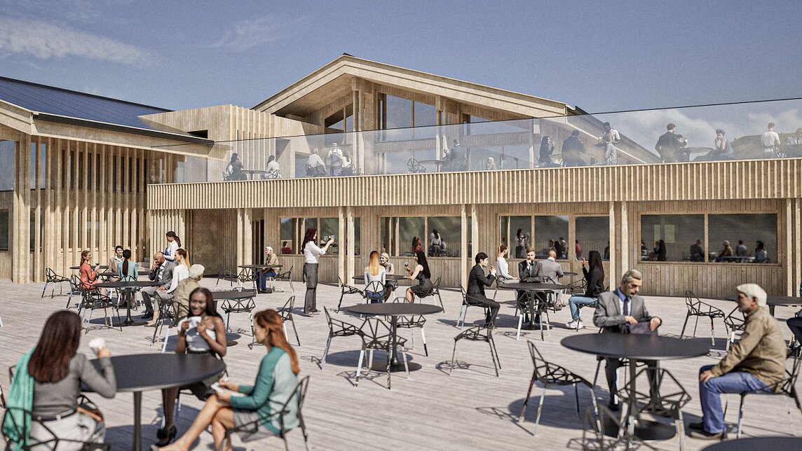 Ein Rendering von der neuen Terrasse vom Kapellrestaurant in der Silvretta Montafon | © Silvretta Montafon - Alpstein Architekten
