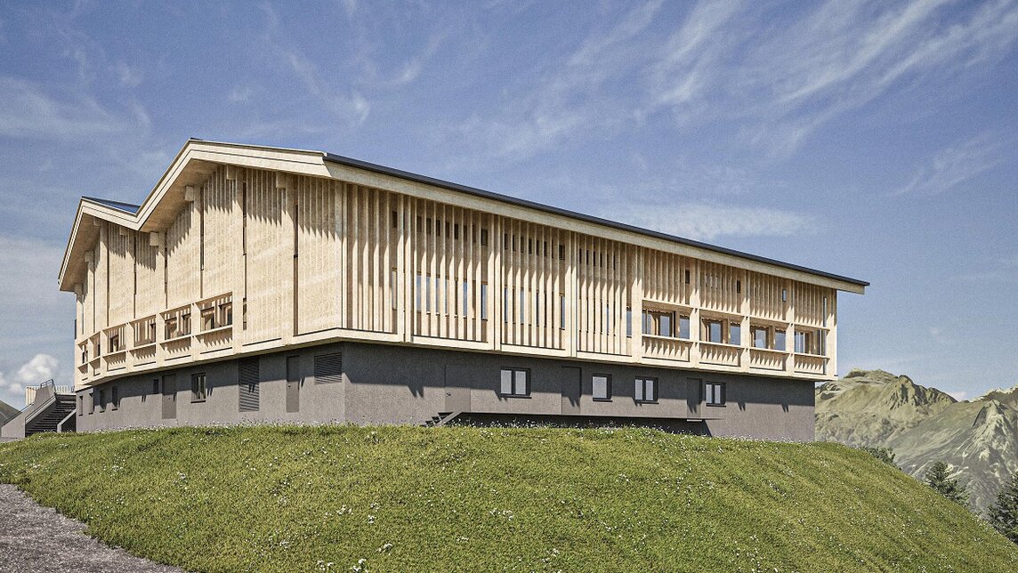 Ein Rendering von der Seite vom neuen Kapellrestaurant in der Silvretta Montafon | © Silvretta Montafon - Alpstein Architekten