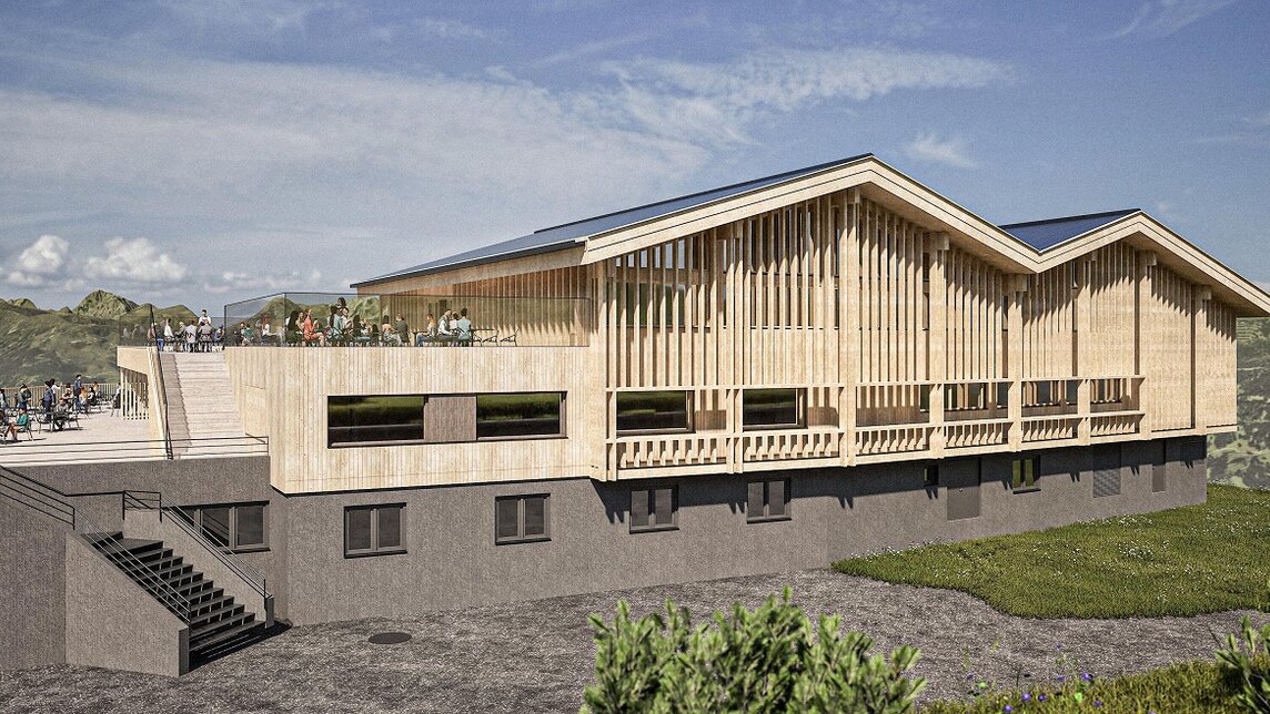 Ein Rendering von der Rückseite vom neuen Kapellrestaurant in der Silvretta Montafon | © Silvretta Montafon - Alpstein Architekten