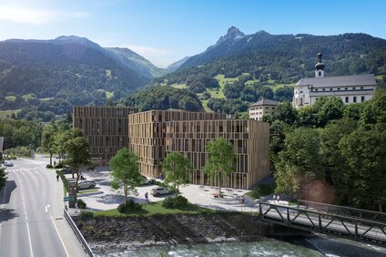 Ein Rendering vom Projekt Rätikon Eins vom Gebäude und dem Vorplatz