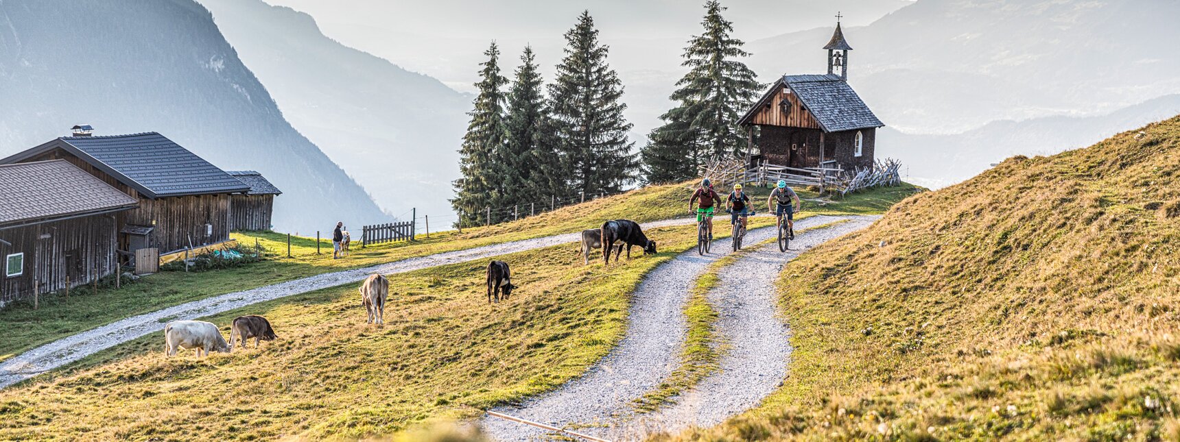 Drei Mountainbiker fahren am Bartholomäberg Richting Itonskopf im Montafon. | © Silvretta Montafon - Andreas Meyer - WOM Medien