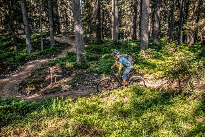 Ein Biker fährt im Wald im Bikepark am Hochjoch in der Silvretta Montafon. | © Frederike Weber - Silvretta Montafon