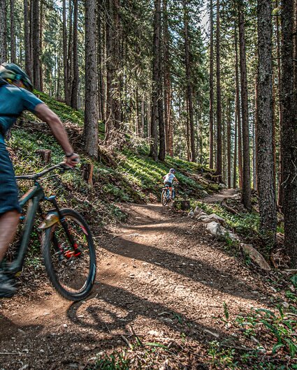 Ein Mountainbiker mit seinen Kindern fährt im Bikepark am Hochjoch durch den Wald in der Silvretta Montafon. | © Silvretta Montafon - Friederike Weber