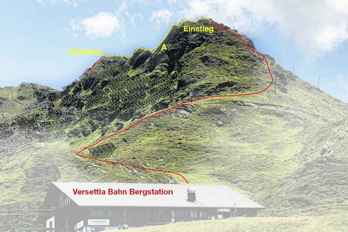 Detaillierte Route des Klettersteig Burg mit Einstieg und Ausstieg in der Silvretta Montafon. | © Silvretta Montafon