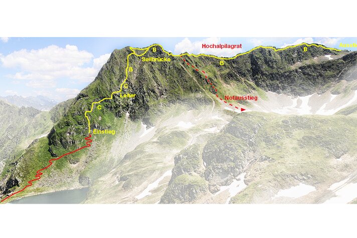 Detaillierte Route des Klettersteig Hochjoch mit Einstieg und Ausstieg in der Silvretta Montafon. | © Silvretta Montafon
