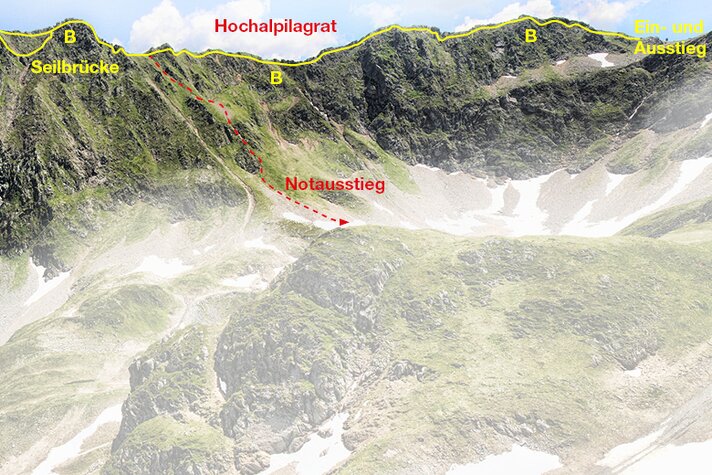 Detaillierte Route des Klettersteig Hochjoch mit Einstieg und Ausstieg in der Silvretta Montafon. | © Silvretta Montafon