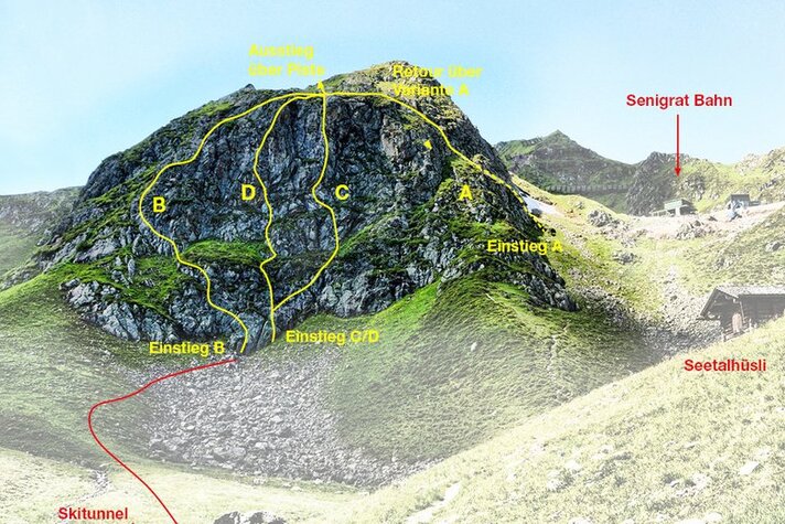 Detaillierte Route des Klettersteig Kälbersee mit Einstieg und Ausstieg in der Silvretta Montafon. | © Silvretta Montafon