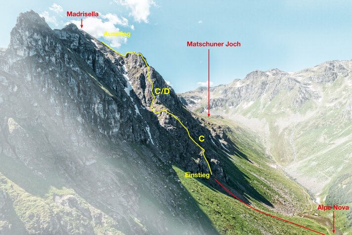 Detaillierte Route des Klettersteig Madrisella mit Einstieg und Ausstieg in der Silvretta Montafon. | © Silvretta Montafon