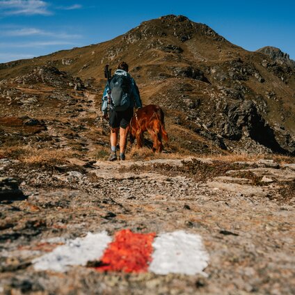 Die Wanderwegmarkierung mit Wanderin und Hund im Hintergrund. | © Silvretta Montafon - Vanessa Strauch