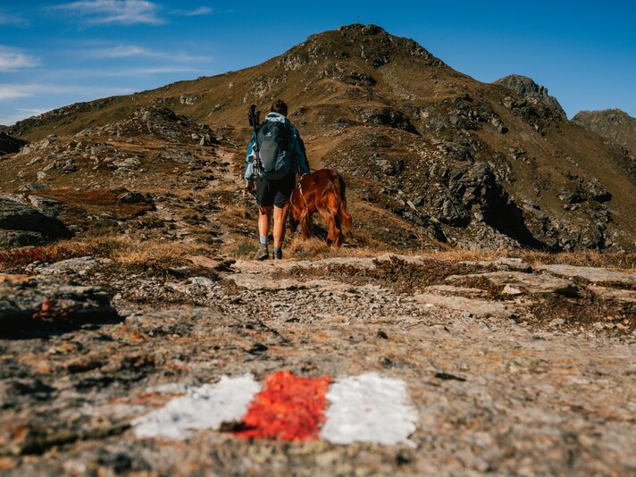 Die Wanderwegmarkierung mit Wanderin und Hund im Hintergrund. | © Silvretta Montafon - Vanessa Strauch