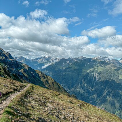 Ein Wanderweg mit schöner Berglandschaft im Hintergrund in der Silvretta Montafon | © Silvretta Montafon - Natascha Zandveld