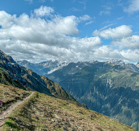 Ein Wanderweg mit schöner Berglandschaft im Hintergrund in der Silvretta Montafon | © Silvretta Montafon - Natascha Zandveld