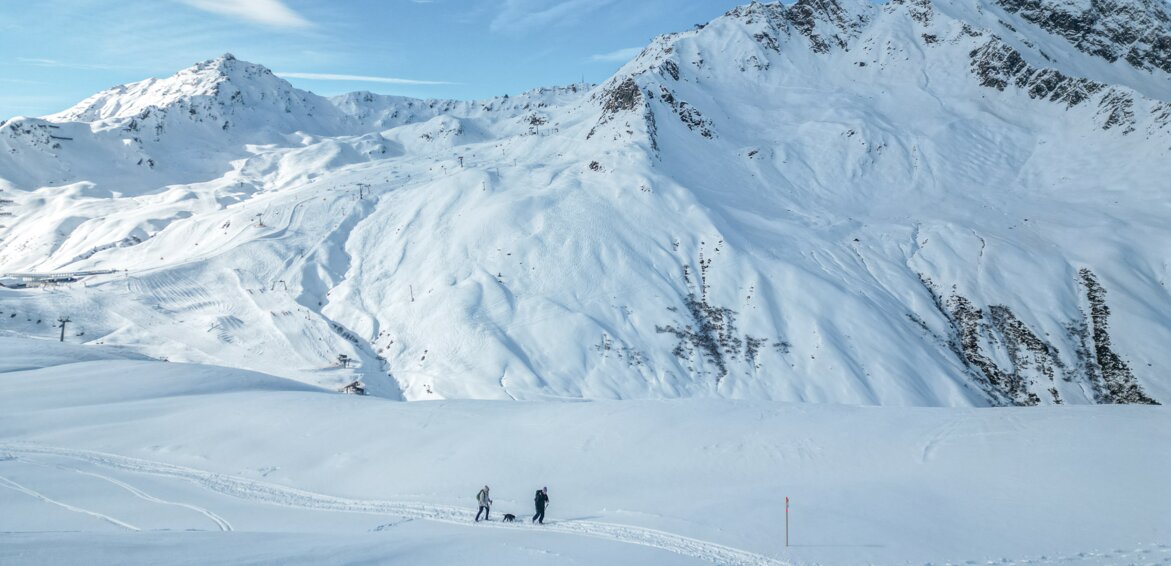 Zwei Personen mit Hund laufen auf einem Winterwanderweg in der Silvretta Montafon. | © Silvretta MOntafon - Vanessa Strauch