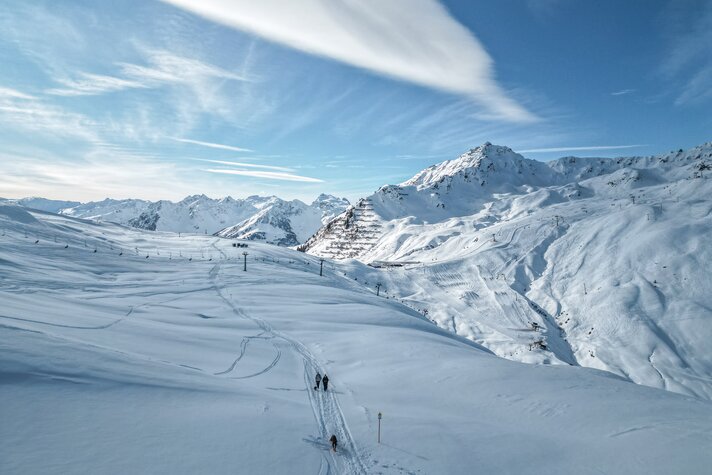 Zwei Personen mit Hunden laufen auf einem Winterwanderweg in der Silvretta Montafon. | © Silvretta Montafon - Vanessa Strauch